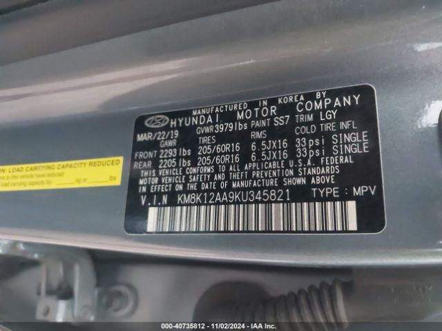 KM8K12AA9KU345821 Hyundai Kona Se