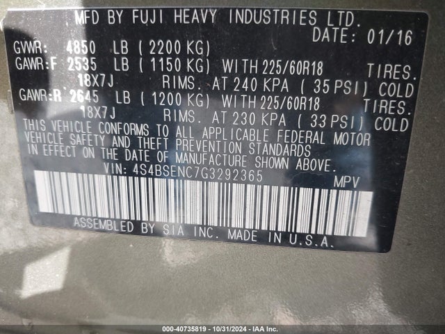 4S4BSENC7G3292365 Subaru Outback 3.6r Limited