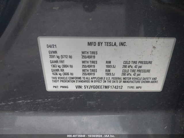2021 TESLA MODEL Y 5YJYGDEE7MF174312 Photo 8