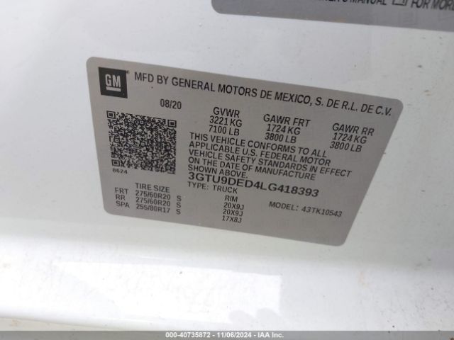 3GTU9DED4LG418393 GMC Sierra 1500 4wd  Short Box Slt