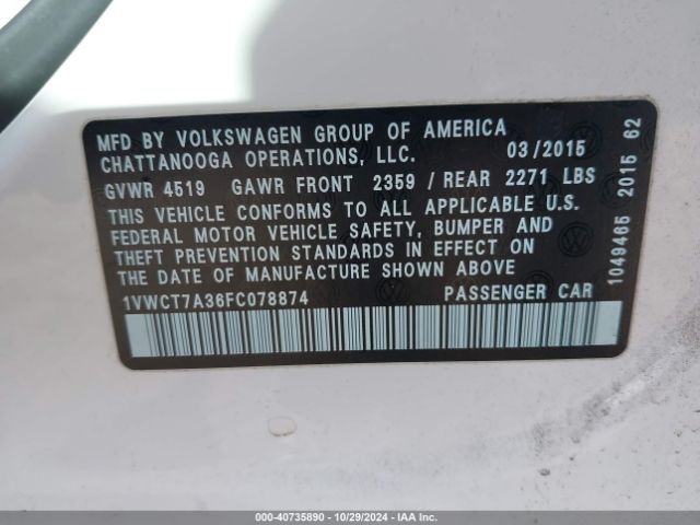 1VWCT7A36FC078874 Volkswagen Passat 1.8t Sel Premium