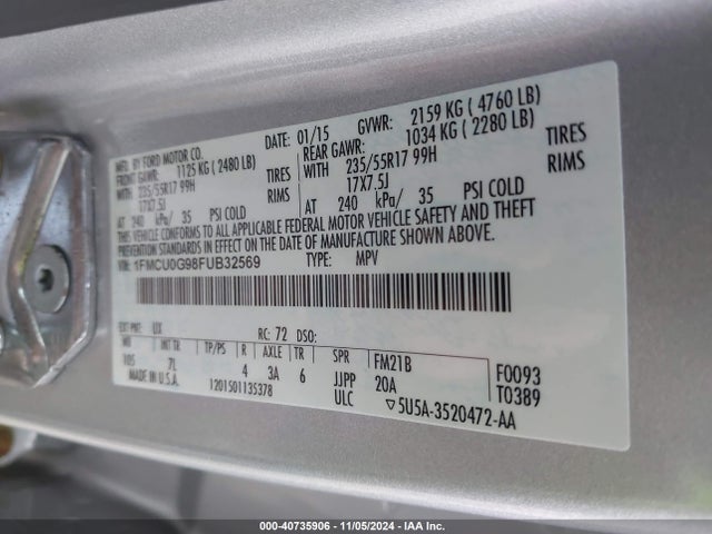 Ford ESCAPE SE 2015 1FMCU0G98FUB32569 Image 9