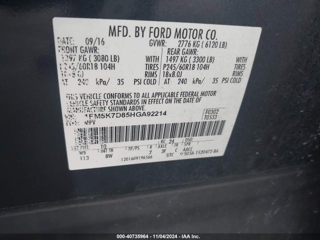 Ford EXPLORER XLT 2017 1FM5K7D85HGA92214 Image 9