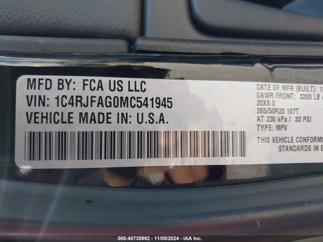 2021 Jeep Grand Cherokee Laredo X 4x4 მანქანა იყიდება აუქციონზე, vin: 1C4RJFAG0MC541945, აუქციონის ნომერი: 40735992