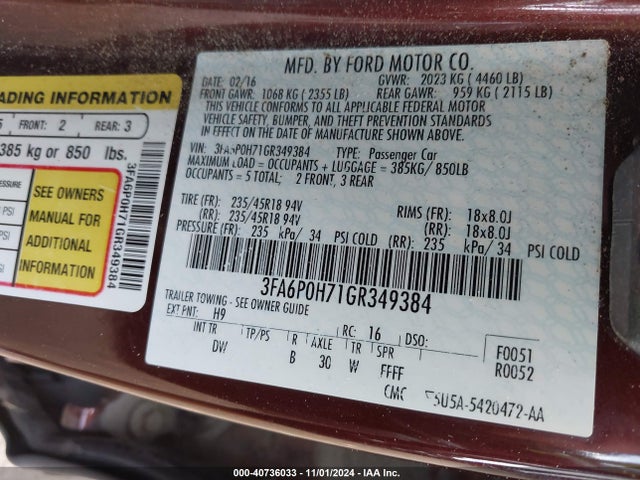 Ford FUSION SE 2016 3FA6P0H71GR349384 Image 9