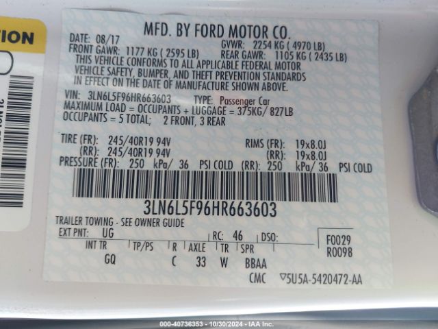 3LN6L5F96HR663603 Lincoln Mkz Reserve