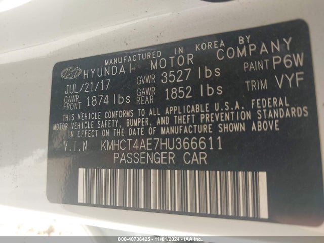 KMHCT4AE7HU366611 Hyundai ACCENT SE