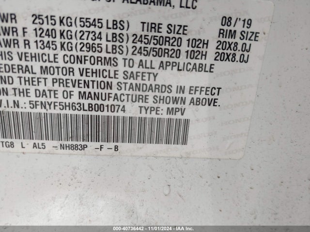 5FNYF5H63LB001074 Honda Pilot 2wd Touring 7 Passenger