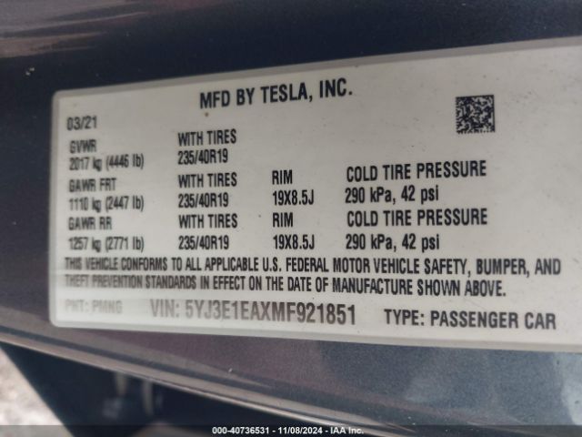 5YJ3E1EAXMF921851 Tesla Model 3 Standard Range Plus Rear-wheel Drive