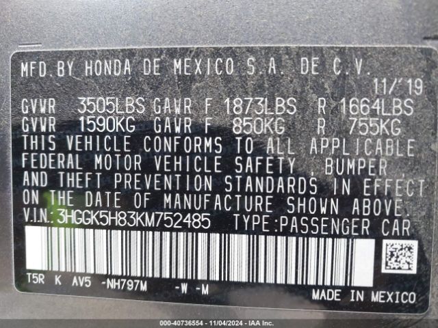 3HGGK5H83KM752485 Honda FIT EX