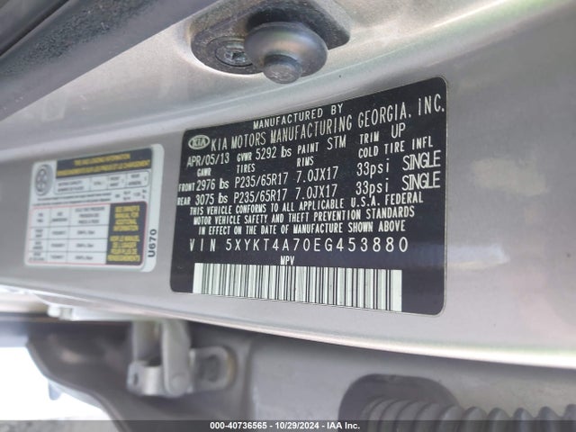 KIA Sorento Lx V6 2014 5XYKT4A70EG453880 Image 9