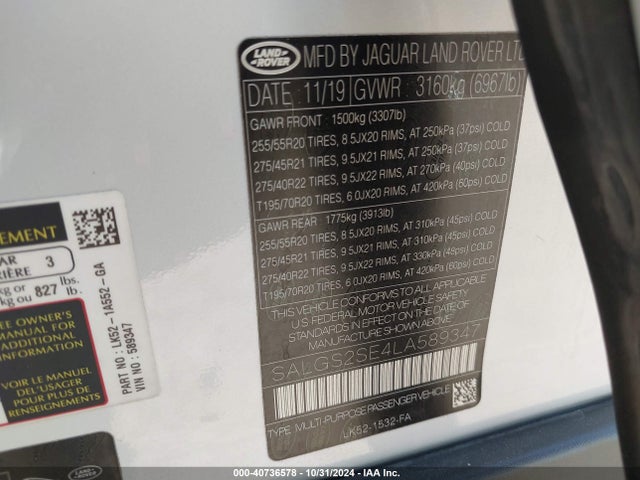 Land Rover Range Rover P525 Hse 2020 SALGS2SE4LA589347 Image 9