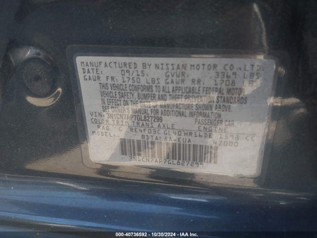 Nissan Versa 1.6 S 2016 3N1CN7AP7GL827299 Image 9