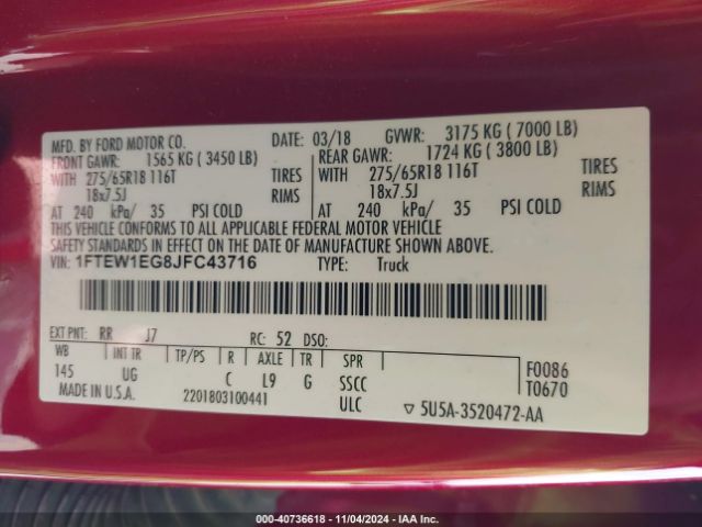 1FTEW1EG8JFC43716 Ford F150 Supercrew