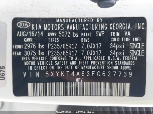 5XYKT4A63FG627739 KIA SORENTO LX
