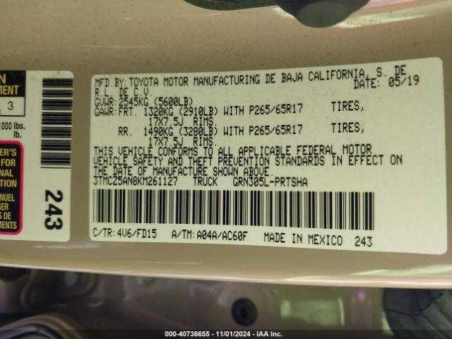 3TMCZ5AN8KM261127 Toyota Tacoma Trd Sport