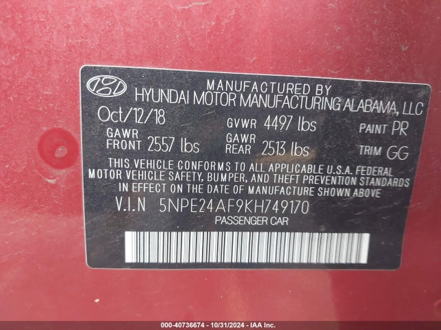 Hyundai SONATA SE 2019 5NPE24AF9KH749170 Image 9