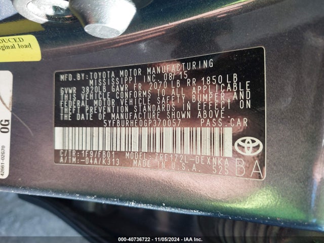 Toyota COROLLA LE 2016 5YFBURHE0GP370057 Image 9