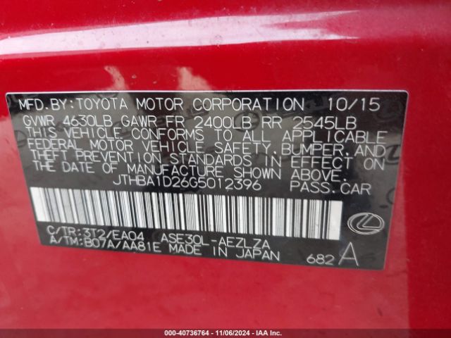 2016 LEXUS IS 200T JTHBA1D26G5012396 Photo 8