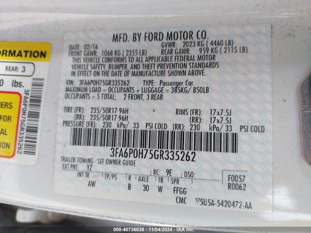 Ford FUSION SE 2016 3FA6P0H75GR335262 Image 9