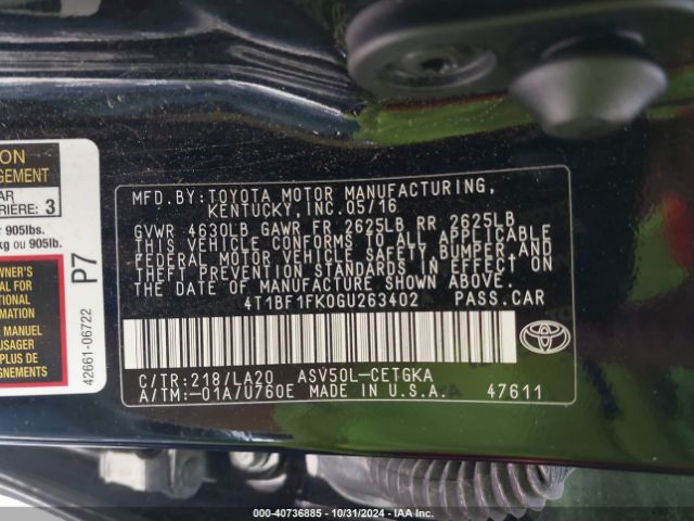 4T1BF1FK0GU263402 Toyota CAMRY XLE