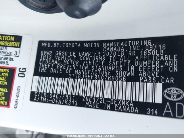 Toyota COROLLA LE 2017 2T1BURHE8HC769056 Image 9