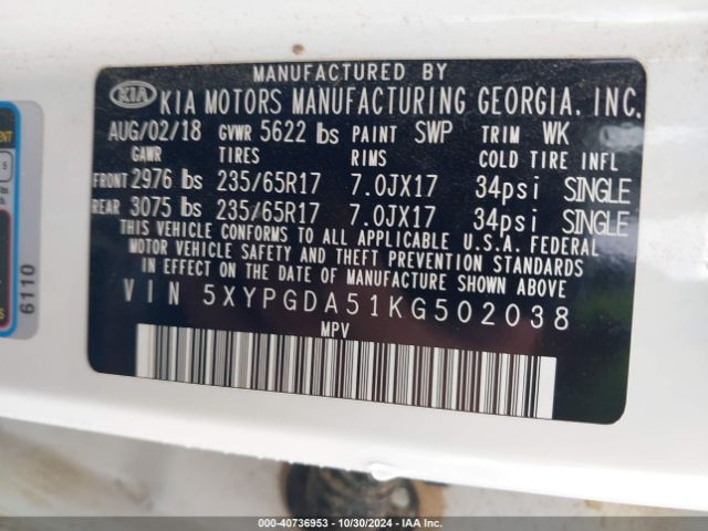 5XYPGDA51KG502038 KIA Sorento 3.3l Lx