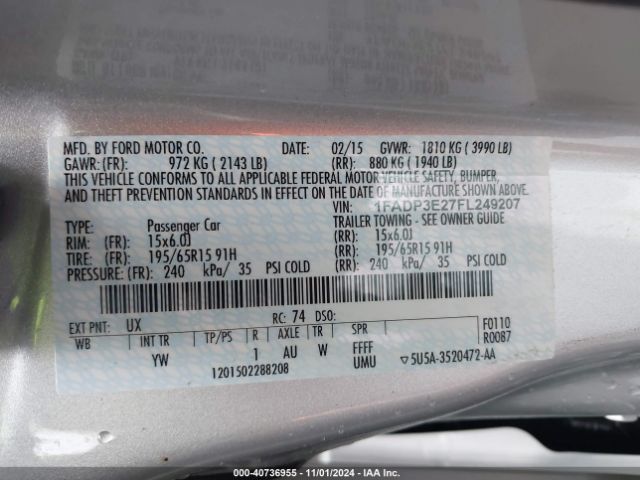 1FADP3E27FL249207 Ford FOCUS S