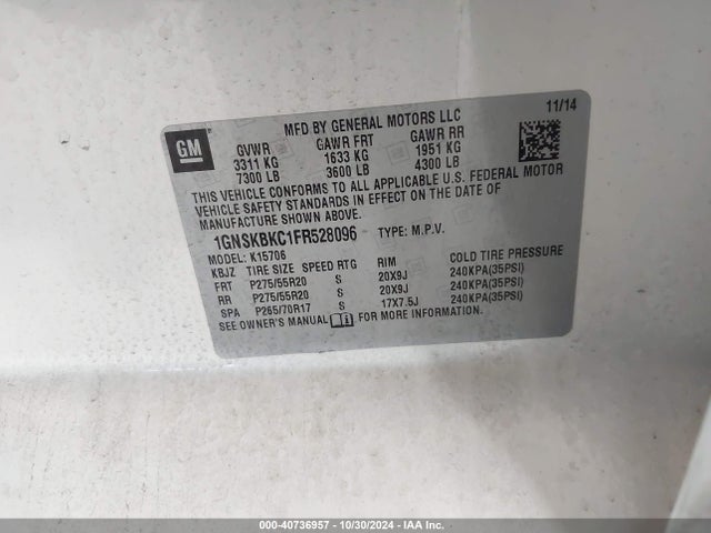 Chevrolet Tahoe Lt 2015 1GNSKBKC1FR528096 Image 9