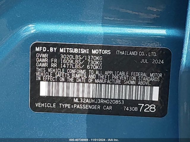 ML32AUHJ3RH020853 Mitsubishi Mirage Es/le