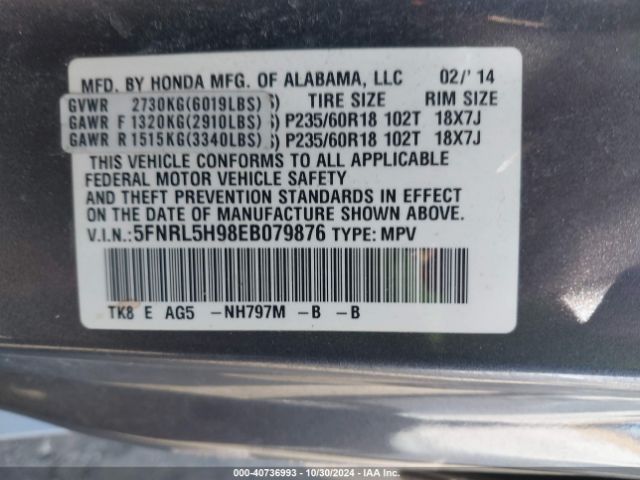 5FNRL5H98EB079876 Honda Odyssey Touring/touring Elite