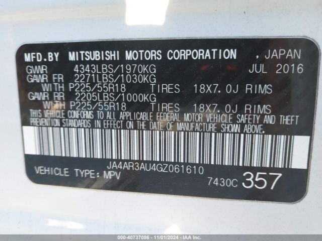 JA4AR3AU4GZ061610 Mitsubishi Outlander Sport 2.0 Es