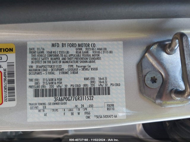 Ford FUSION S 2016 3FA6P0G77GR311532 Image 9