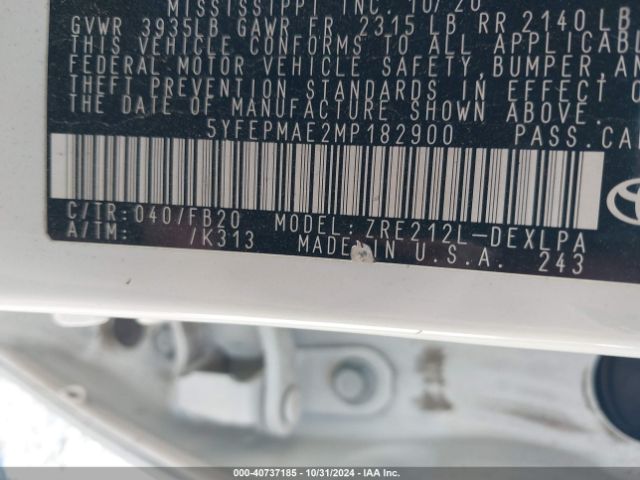 5YFEPMAE2MP182900 Toyota COROLLA LE