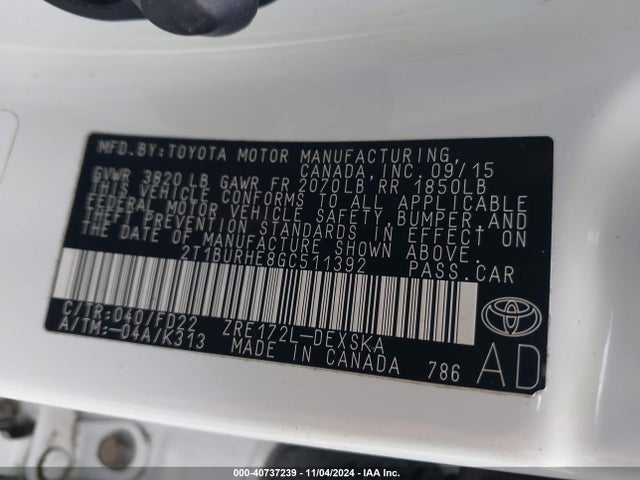 Toyota Corolla S W/special Edition Pkg 2016 2T1BURHE8GC511392 Image 9