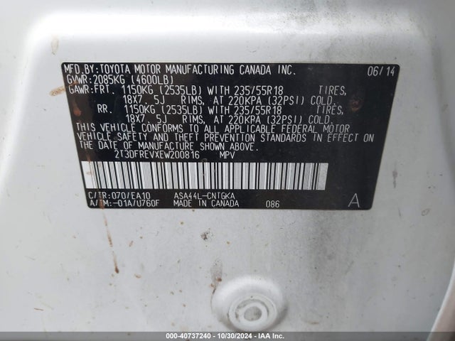 Toyota Rav4 Limited 2014 2T3DFREVXEW200816 Image 9