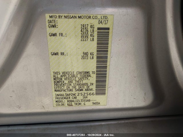 Nissan Altima 2.5 Sv 2017 1N4AL3AP2HC252566 Image 9