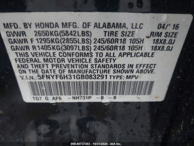 5FNYF6H31GB083291 Honda Pilot Ex
