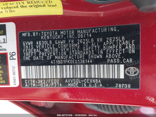 4T1BD1FK0EU138144 Toyota Camry Hybrid Le