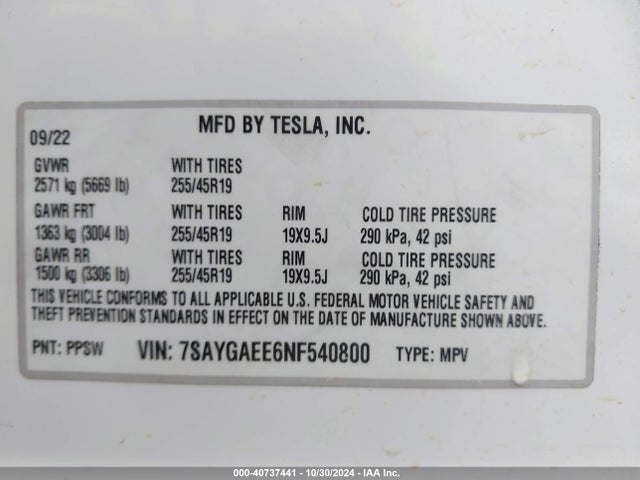 2022 TESLA MODEL Y 7SAYGAEE6NF540800 Photo 8