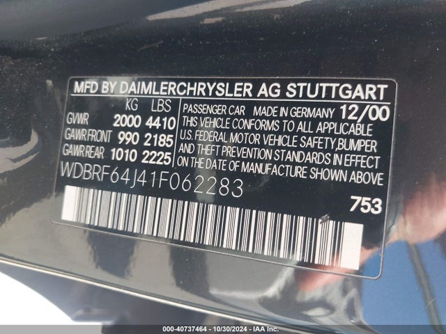 Продажа на аукционе авто 2001 Mercedes-benz C 320, vin: WDBRF64J41F062283, номер лота: 40737464