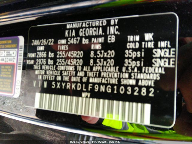 5XYRKDLF9NG103282 KIA SORENTO SX
