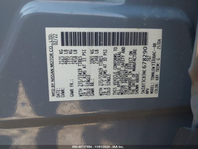 5N1BT3CB3NC678290 Nissan Rogue Sl Intelligent Awd