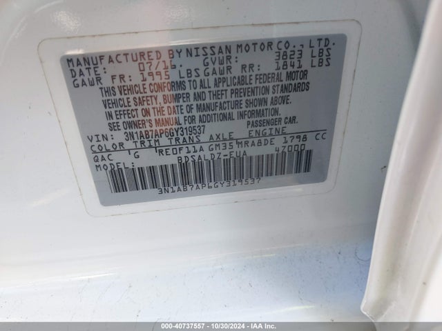 Nissan SENTRA SV 2016 3N1AB7AP6GY319537 Image 9