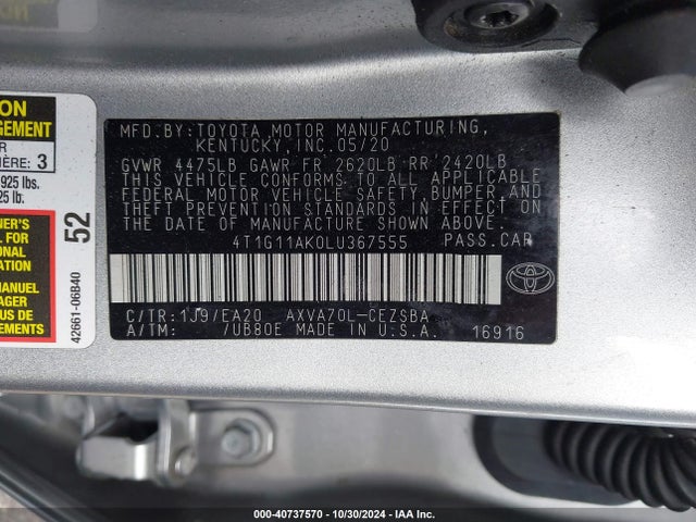Toyota CAMRY SE 2020 4T1G11AK0LU367555 Image 9