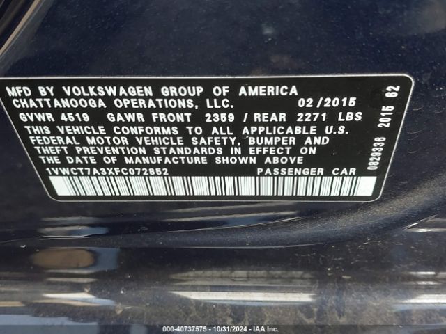 1VWCT7A3XFC072852 Volkswagen Passat 1.8t Sel Premium