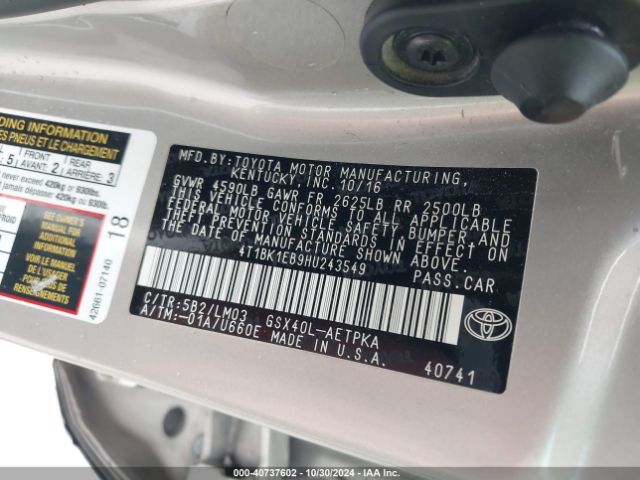 4T1BK1EB9HU243549 Toyota AVALON LIMITED