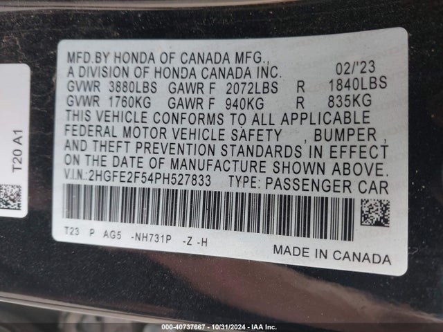 Honda Civic Sport 2023 2HGFE2F54PH527833 Image 9