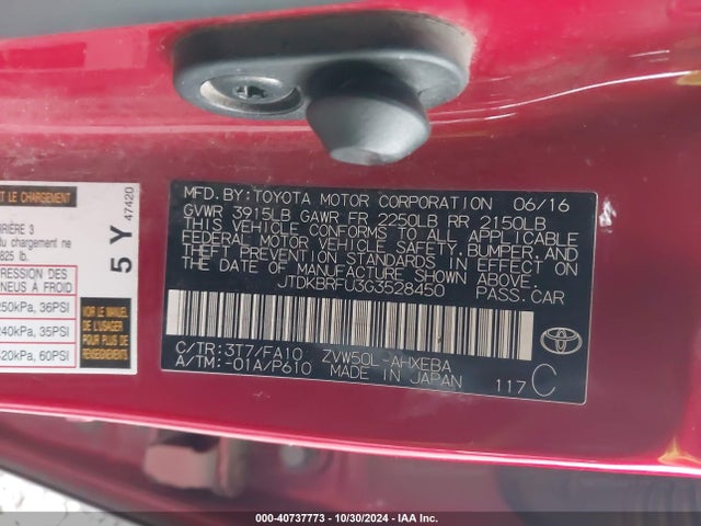 Toyota Prius Two 2016 JTDKBRFU3G3528450 Image 9