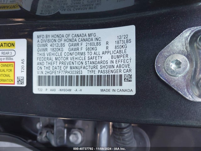 Honda Civic Ex /ex W/o Bsi 2023 2HGFE1F77PH303953 Image 9